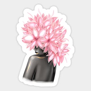 Black and white girl with color beautiful flowers in her head. Sticker